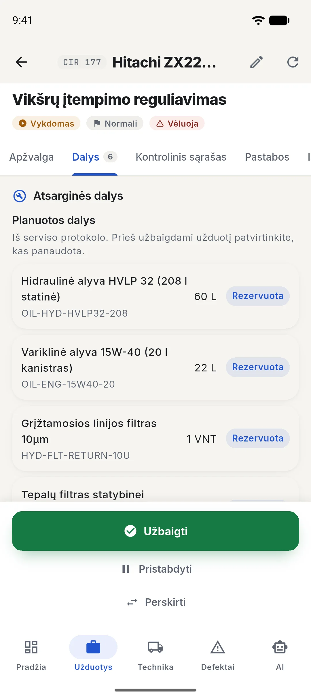 Torek mobili aplikacija: darbo kortelė
