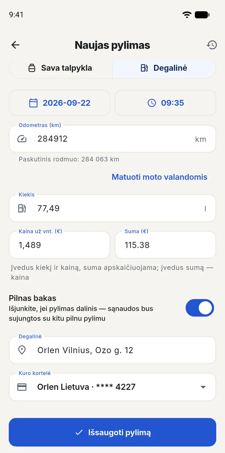 Torek app: new fuel fill-up with odometer, quantity, price and fuel card